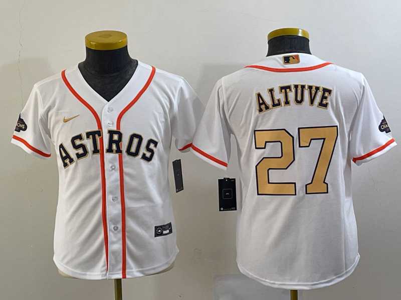 Youth Houston Astros #27 Jose Altuve 2023 White Gold World Serise Champions Patch Cool Base Stitched Jersey->mlb youth jerseys->MLB Jersey